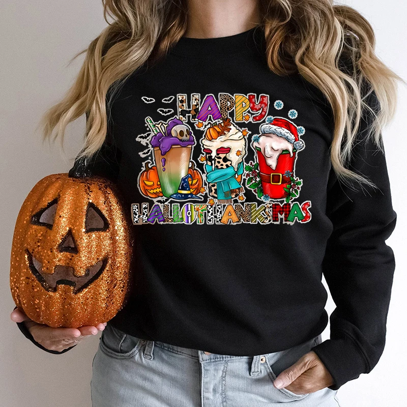 Happy Hellothanksmas Coffee Sweatshirts Autumn Winter Women Fashion Sweatshirts Casual Loose Long Sleeve Hoodless Pullovers Tops