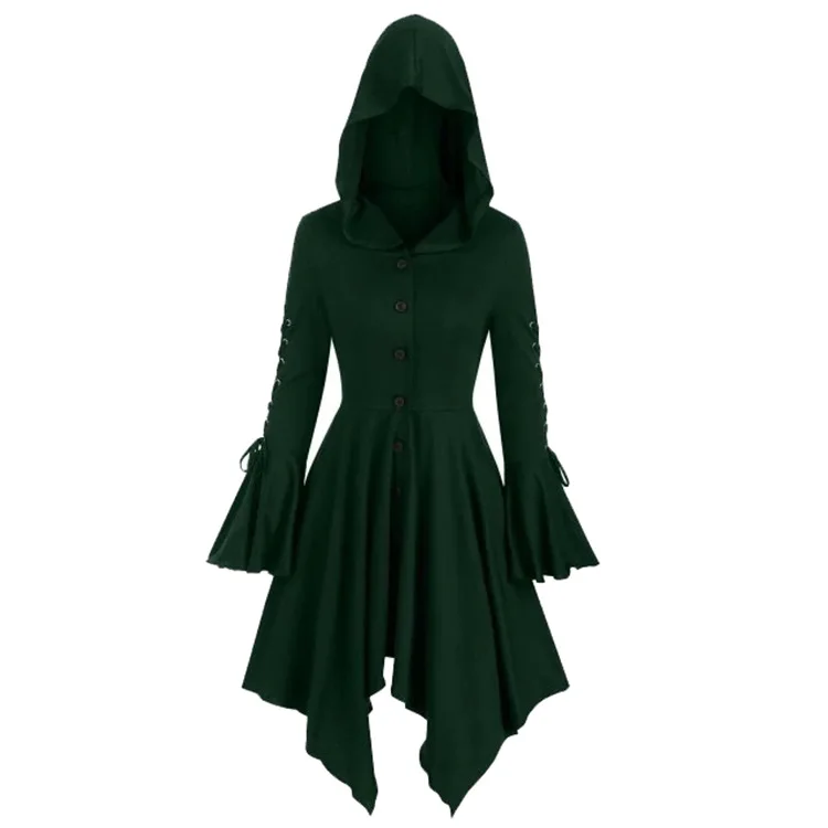 Womens Retro Lace-up Hooded Placket Sleeve Irregular Cape Coat