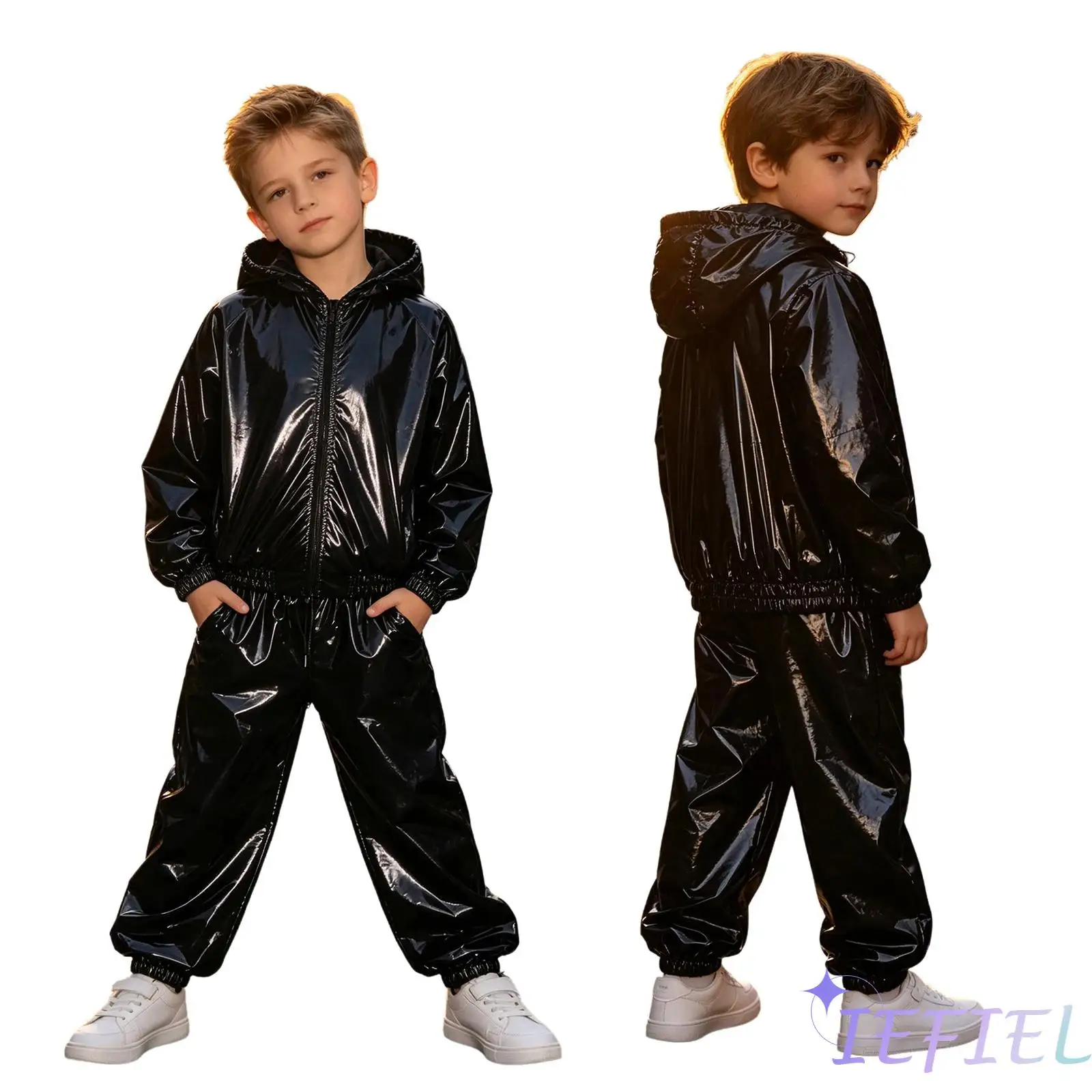 Boys Girls Raincoat Set Water Resistant Hooded Jacket Long Sleeve Front Zipper with Jogger Pants for Kids Hip Hop Street Dance