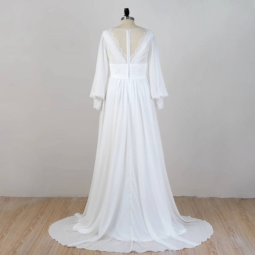Customized V-Neck Full Sleeves Wedding Dress A Line Chiffon Bridal Gowns 2026 New Summer Lace White Women Dress Robe De Mariée