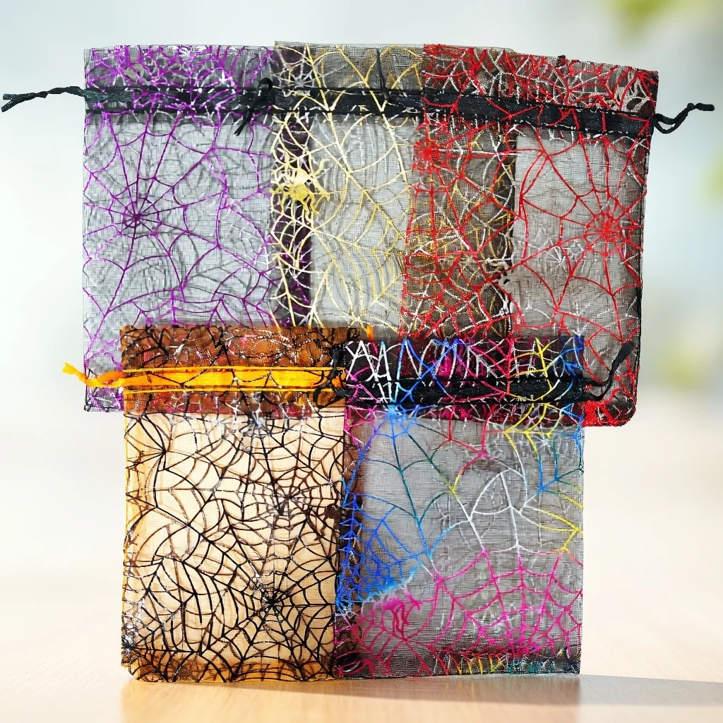 25/50/100pcs 10x15cm Colorful Spider Halloween Organza Gift Bag Web Printing Packaging Gift High Quality Drawstring Candy Bag view 2