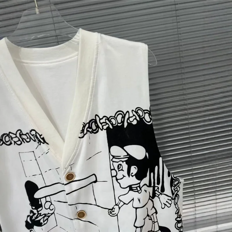 2025 Spring and Summer New Niche Design Cartoon Printed V-neck Vest Casual Sleeveless Vest Top For Women