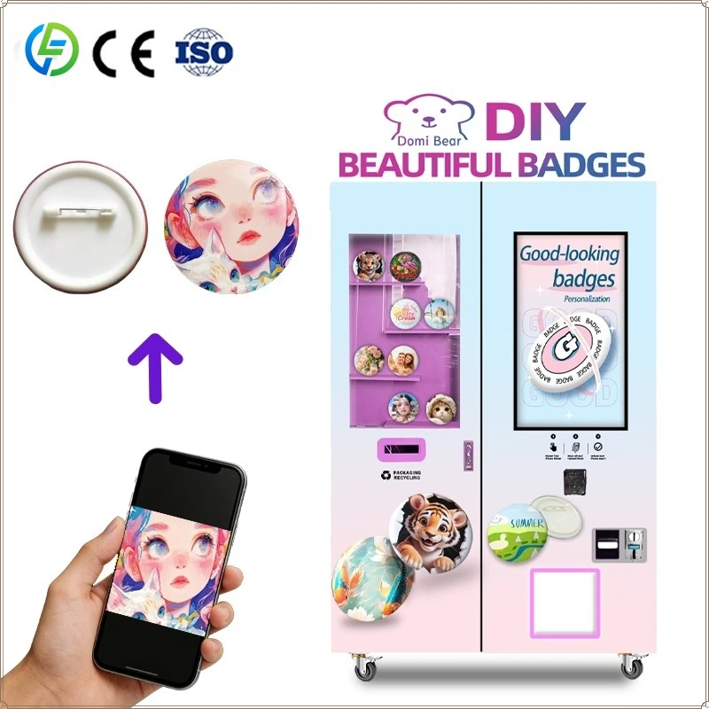 24 Hours Service Hot Sale Badge Machine Touch Screen Credit Card/Qr Code Payment Badge Vending MachineFL Customized
