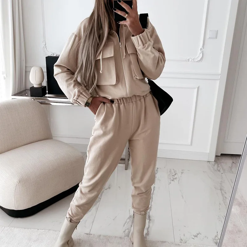 

Fashion Commuter 2 Piece Set Casual Solid Color Lapel Long Sleeve Zipper Pocket Jacket High Waist Lace Up Trousers Set For Women