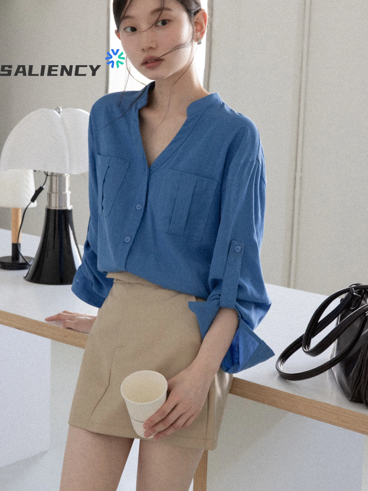 

SALIENCY Elegant Blue V Neck Lightweight Long Sleeve Shirt for Women Summer Loose Sun Protection Blouse Casual Top
