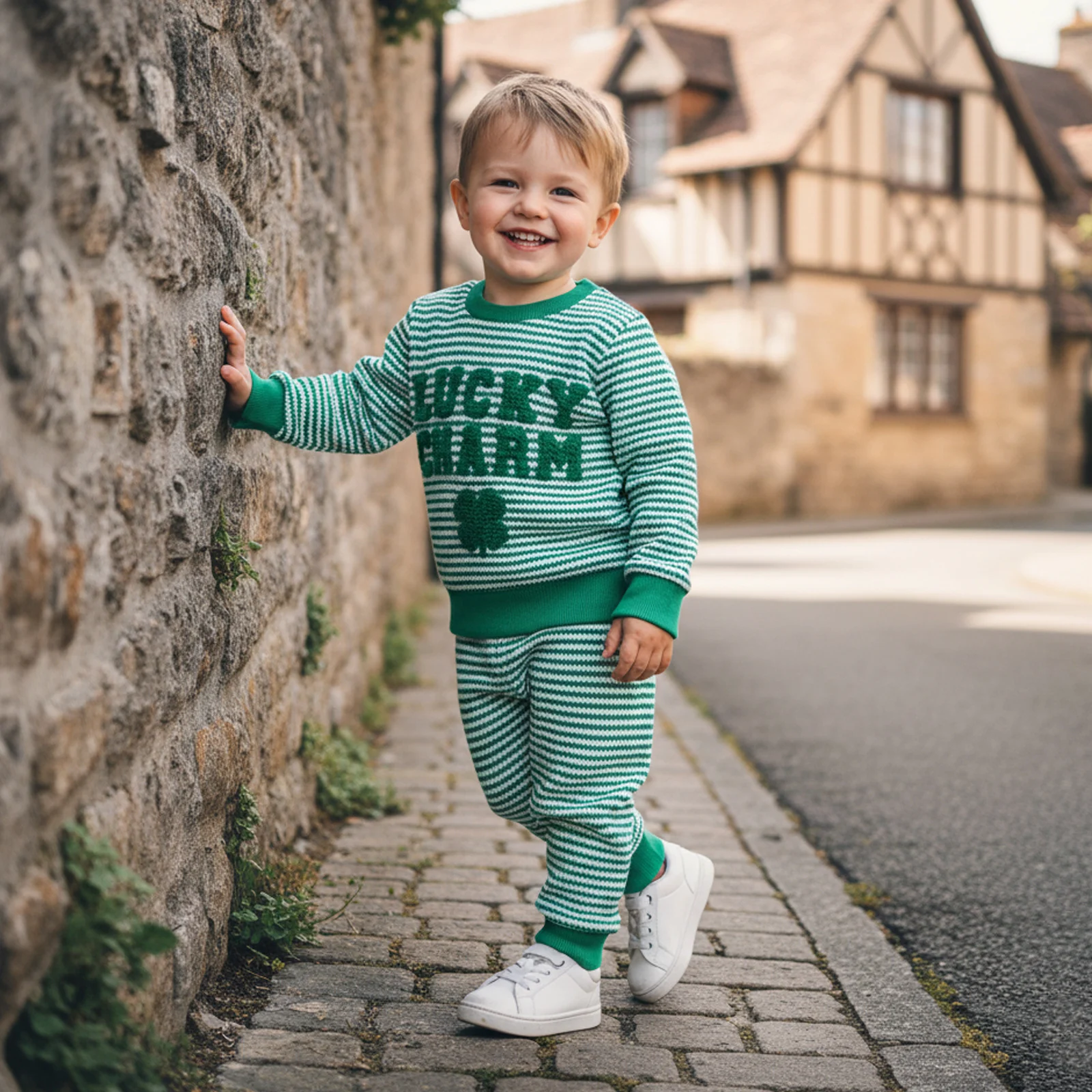 Toddler Baby St. Patrick's Day Outfit Long Sleeve Fuzzy Letter Shamrock Embroidery Striped Pullover Tops with Pants 2Pcs Set