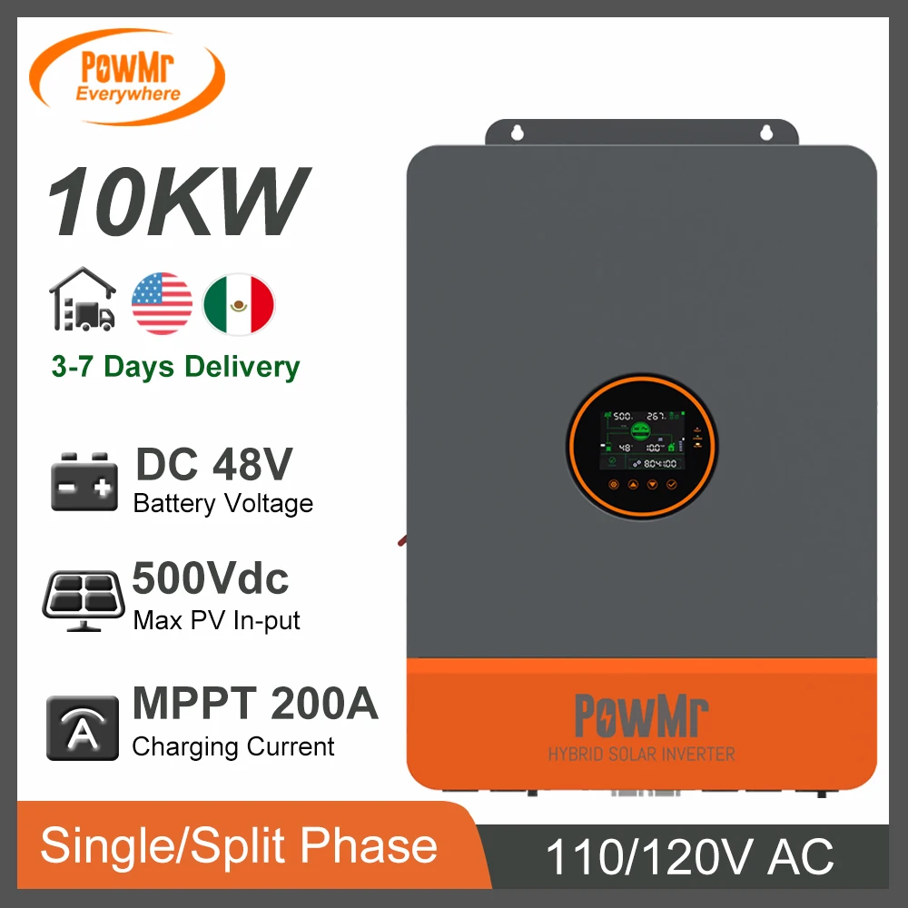 PowMr 10KW Support Single Split Phase 48V Hybrid Solar Inverter 120/240V AC output 2 MPP Tracker 200Amp MPPT Charger Controller