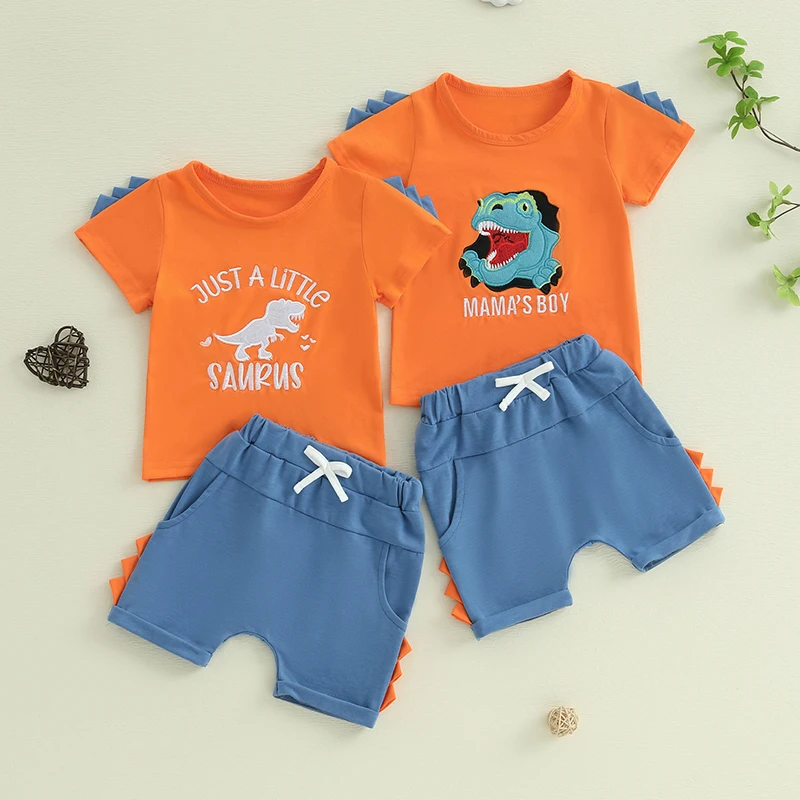 

Kids Boys Summer Outfits Casual Short Sleeve O Neck Letter Dinosaur Embroidery Tops and Solid Color Shorts Sets Toddler Clothes