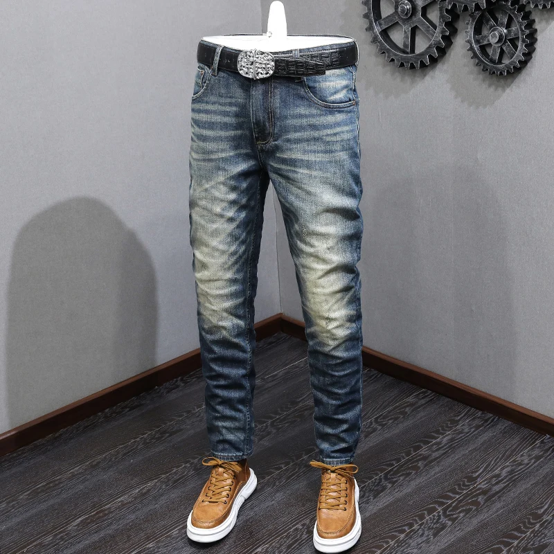 

Italian Style Fashion Men Jeans High Quality Retro Blue Slim Fit Ripped Jeans Men Elastic Trousers Vintage Designer Pants Hombre