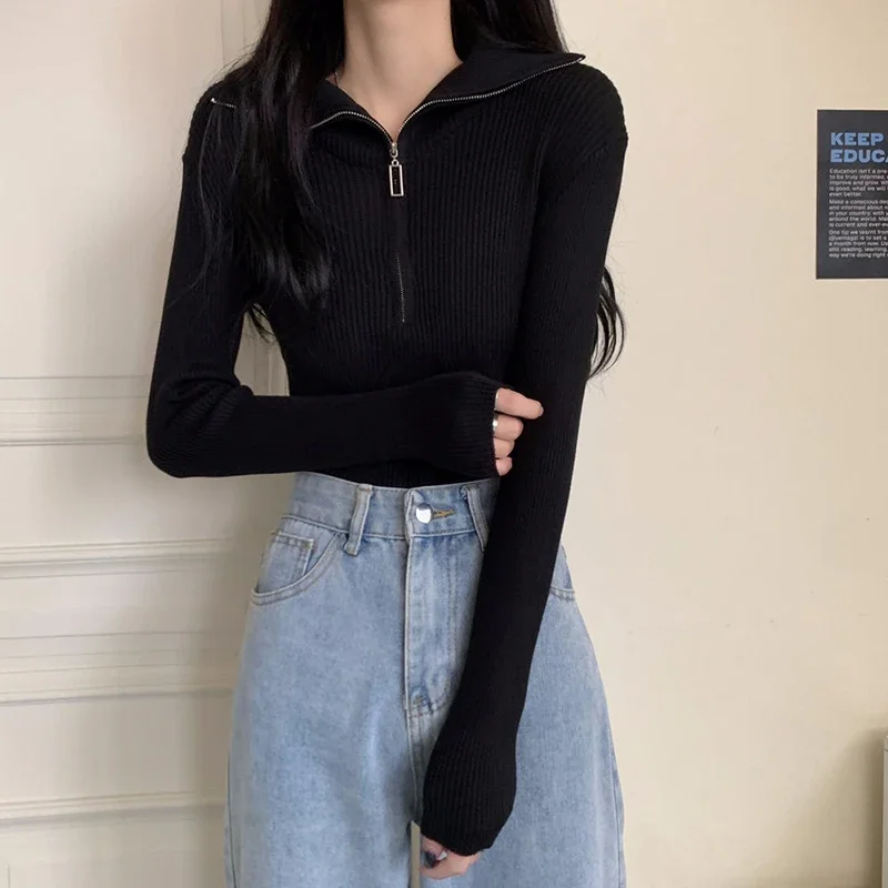 Xpqbb sweter rajut abu-abu antik wanita, jaket dasar polos Turtleneck Pullover ritsleting musim semi musim gugur untuk perempuan