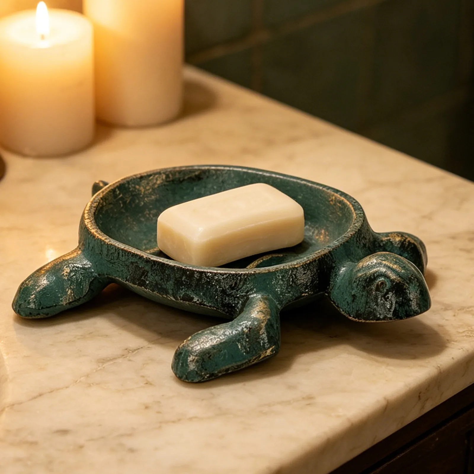 Rustic Vintage Turtle Soap Holder Cast Iron Drainable Farmhouse Bathroom Kitchen Soap Tray Coastal Sea Turtle Design Green