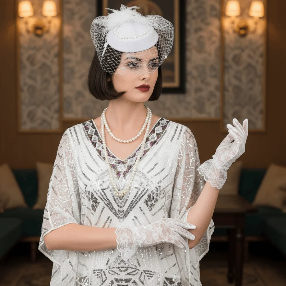 

Exquisite Mesh Feather Headband Elegant Pearl Vintage Fascinator Hat Hair Hoop Hair Band Gloves Top Hat Necklace Set Wedding