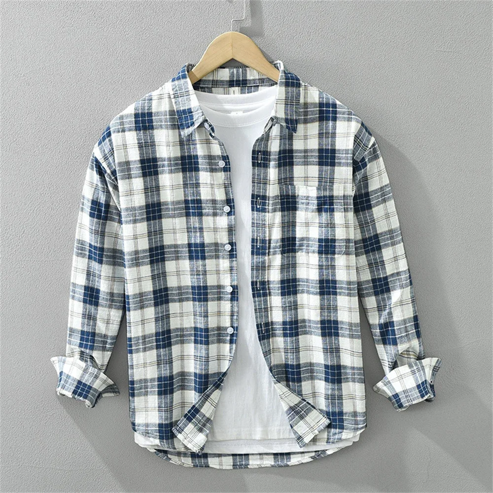 Cotton check shirt men's vintage clothes loose long sleeves shirts casual plaid Autumn mens clothing fashion 2024 Tops for men