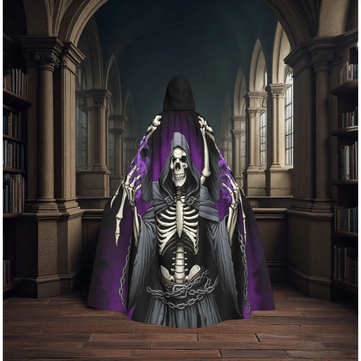 

Black Skeleton With Grim Reaper Print Long Hooded Cloak Witch Medieval Costume Cosplay Cape HalloweenVampire Adult Unisex