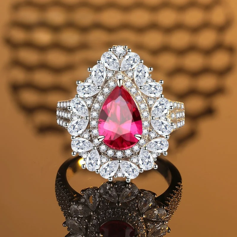 

New High-end PT950 Platinum Artificially Cultivated Gemstone Water Droplet Pigeon Blood Red Women's Ring Fashion Jewelry