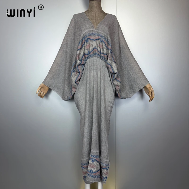 WINYI Embroidered dress Swimsuit Cover Up muslim Women Beach  Dress Sexy V-neck Dresses abaya dubai luxury Robe fashion kaftan