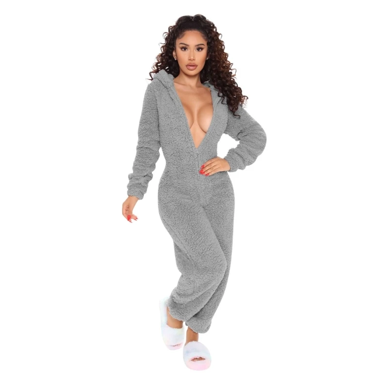 Fleece Jumpsuit Womens Fuzzy Pajamas Long Sleeve Bear Ears Hooded Zipper Up Onesie Romper Playsuit Winter Warm Sleepwear