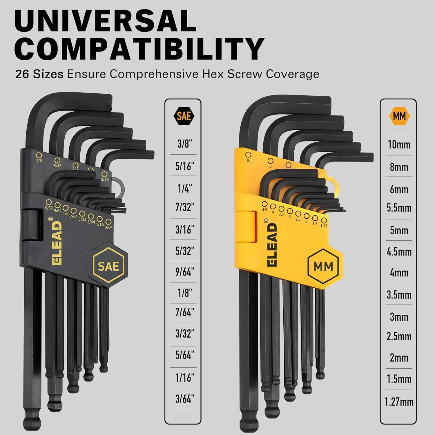 ELEAD 27PCS Hex Key Allen Wrench Set MM SAE Ball End Long Short Arm with Grip Handle Metric 1.27-10mm SAE 3/64
