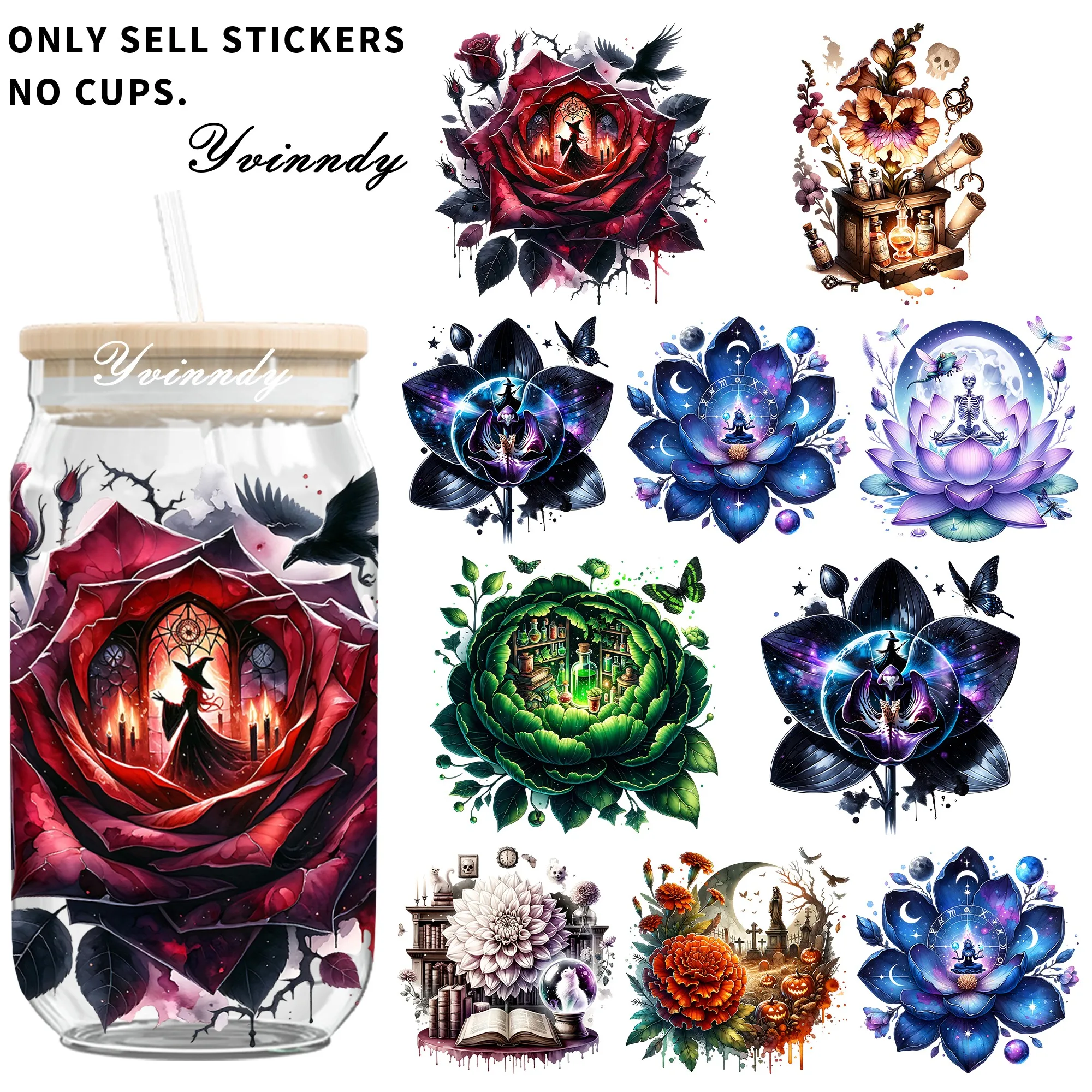 4 Stück/Set Gothic-Blumen-Aufkleber, geeignet für 16-Unzen-Becher, UVDTF-Transferaufkleber, hochwertige Aufkleber