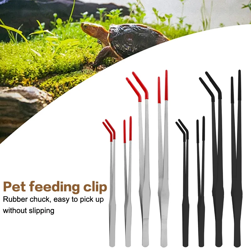 Stainless Steel Fish Tank Maintenance Tools, Rubber-Tipped Reptile Feeding Tongs, Aquarium Tweezers, and Snake Habitat Accents