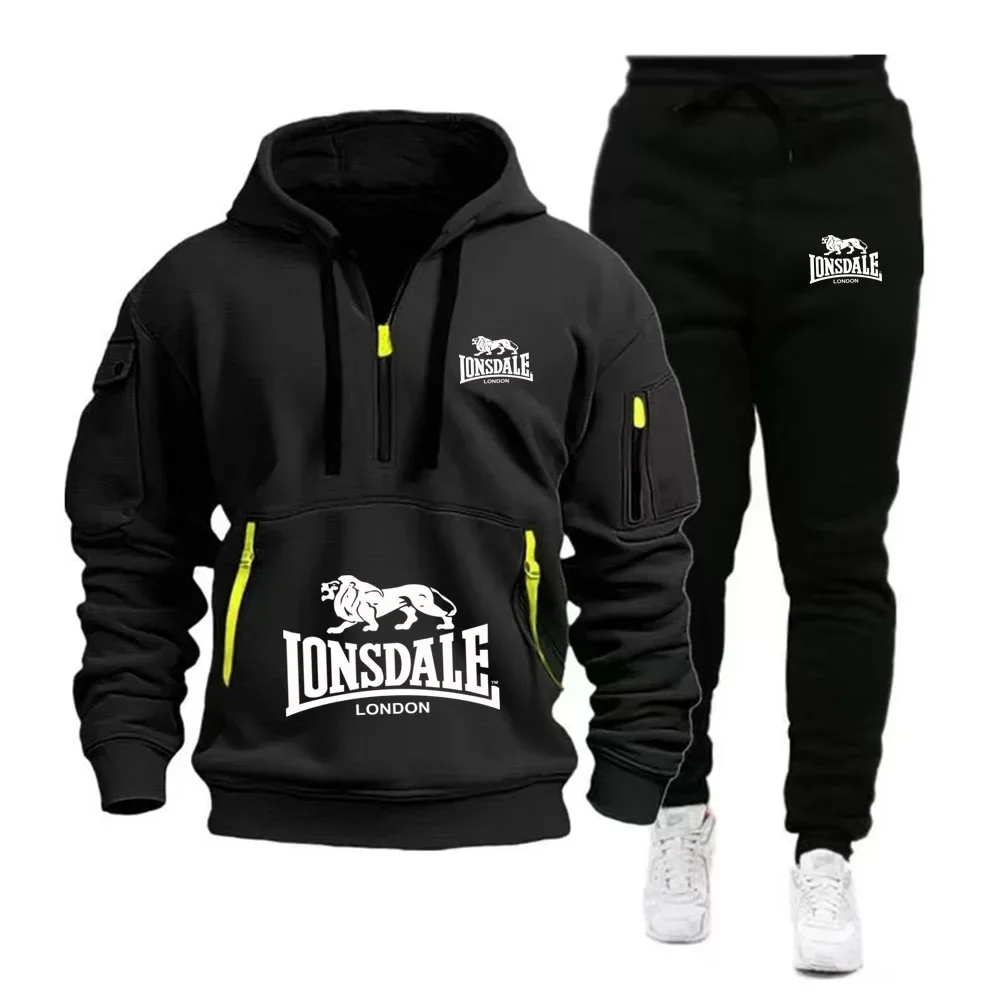 Men's spring-autumn sports outfit with half-zip collar and hooded pullover, paired with casual pants.