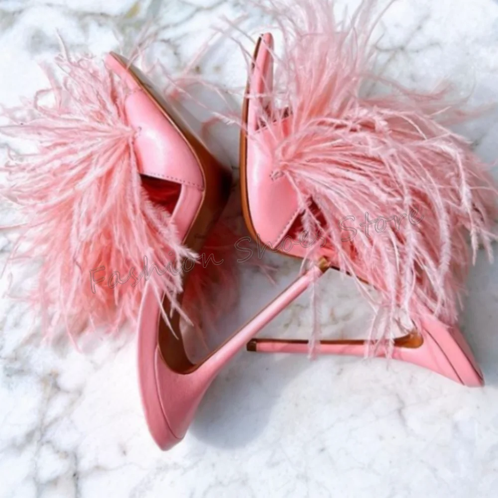 

Pink Feather Decor Pointed Toe Slippers Open Toe for Women Stilettos High HeelsFashionable Dinner Party 2025 Zapatos Para Mujere