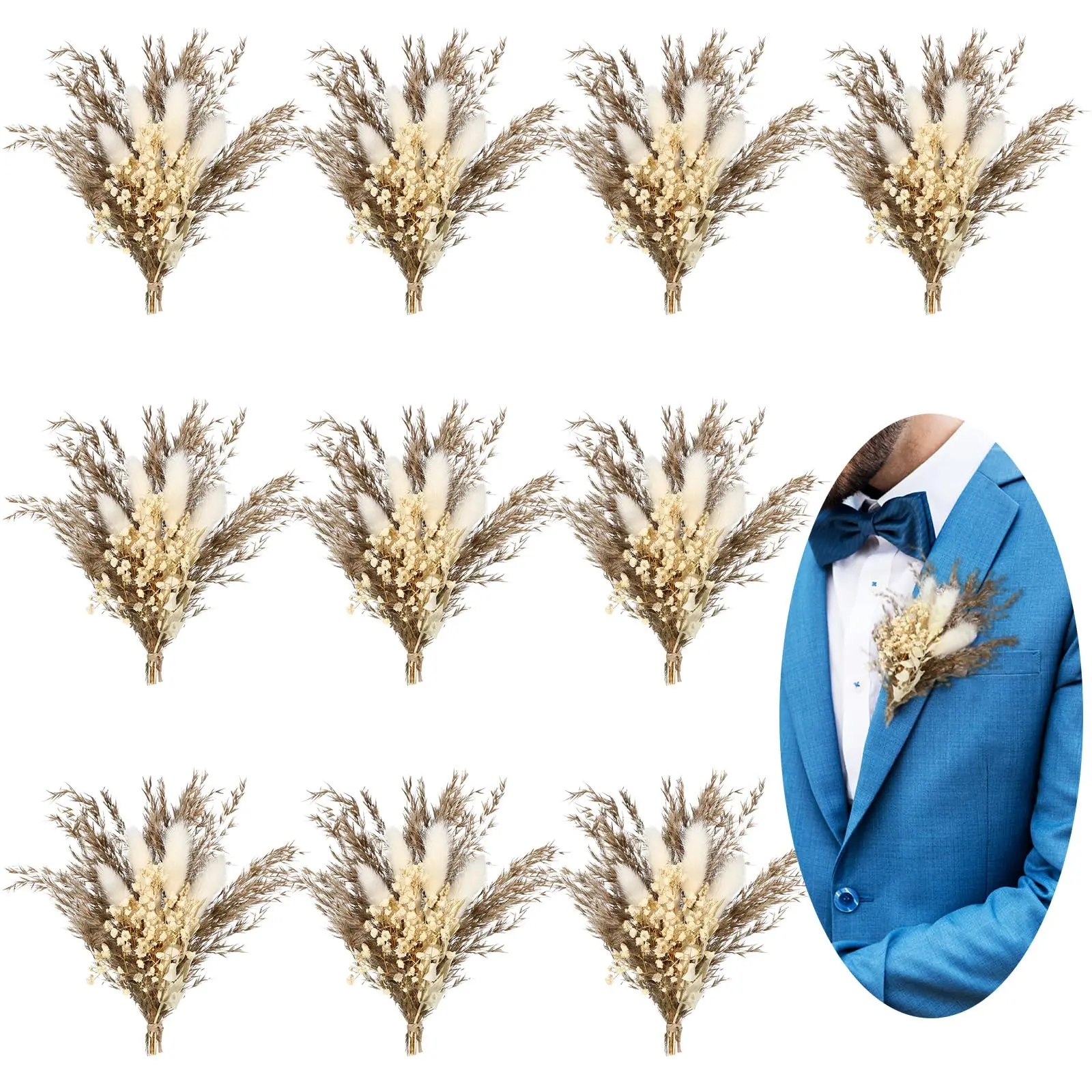 10Pcs Real Natural Pampas Grass Boho Dried Flowers Mini Wedding Bouquet Boutonniere for Men Rustic Corsage Party Decorations DIY