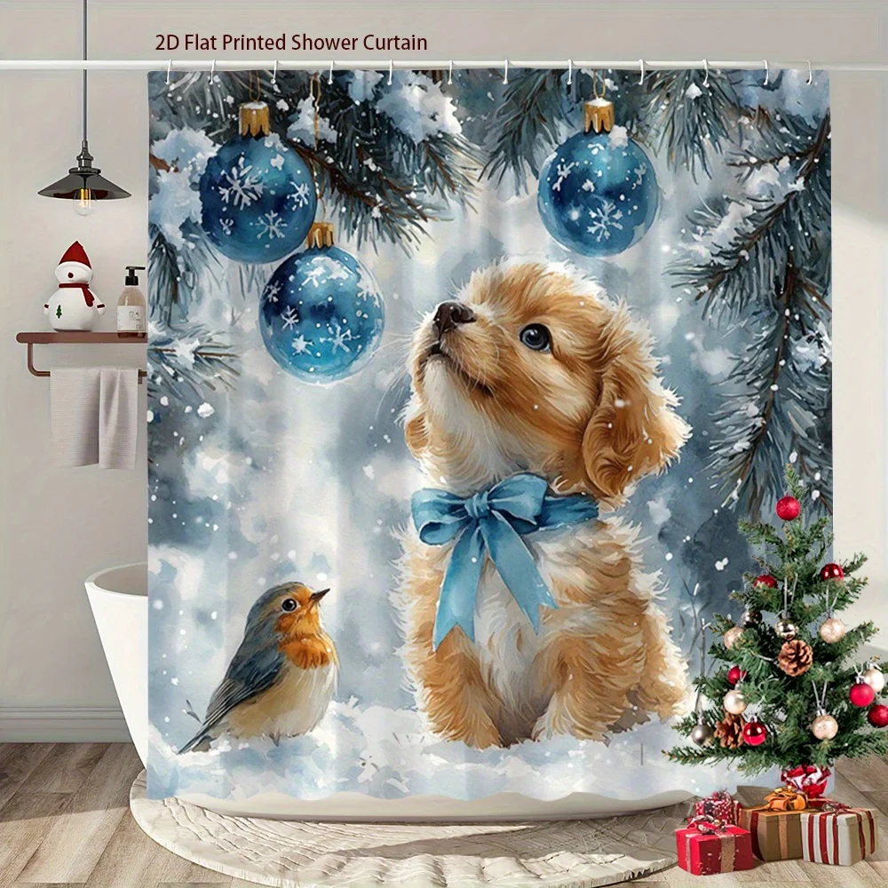 1pc 2D Flat Shower Curtain, Cute Puppy Bird Winter Wonderland Blue Bow Snowflake Printed Shower Curtain, Decor for Bathroom