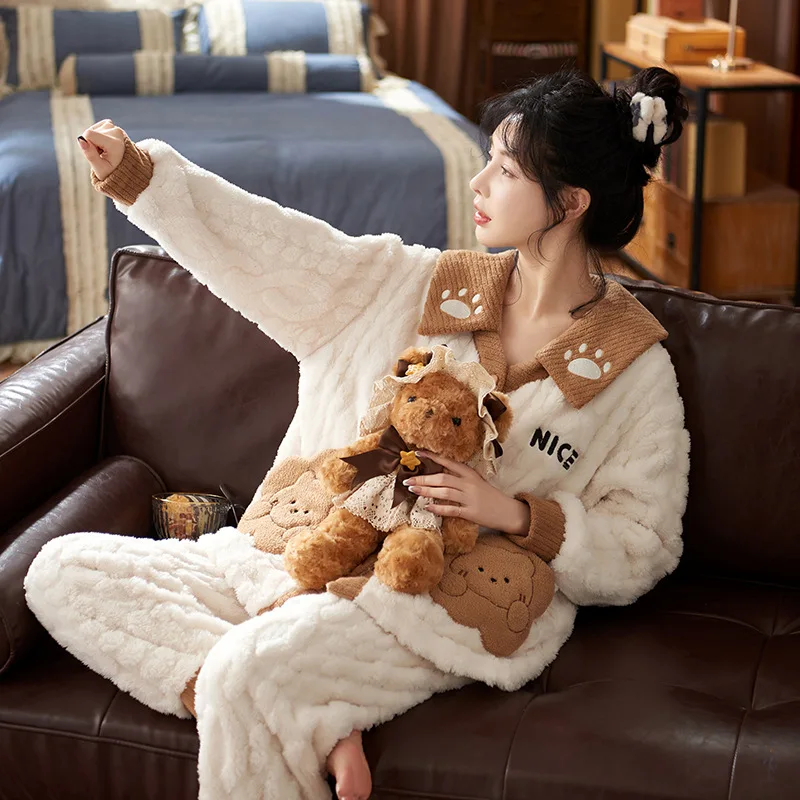 

Turn-down Collar Nightgown With Buttons Cartoon Cute Pajamas Set Women Outfits Sleepwear Winter Warm Thick Home Clothes Lingerie