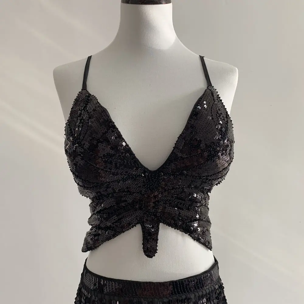 Sexy Backless Bandage Sparkly Sequin Crop Top for Women Fashion Dance Vest Carnival Costume Bra Belly Outfits Sequin Bras - view 5