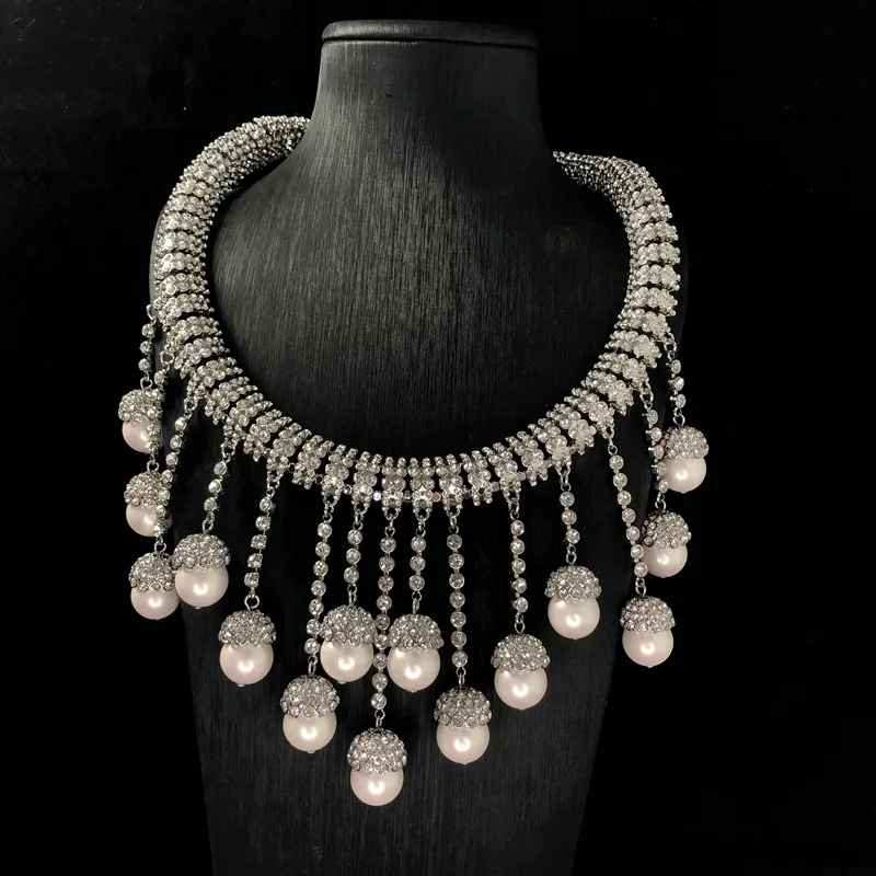 Copper Alloy Rhinestone Tassel Choker Necklace, Faux Pearl Drop Collar, Luxury Wedding Banquet Women Costume Jewelry