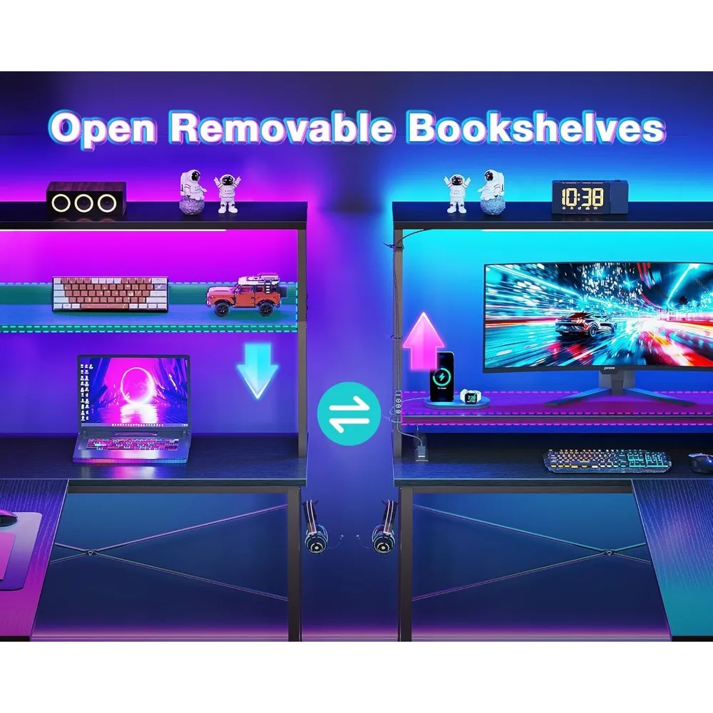 L Shaped Desk Gaming Desk with LED Light & Power Outlet, 53 Inch Reversible L Shaped Computer Table with Shelf & Storage