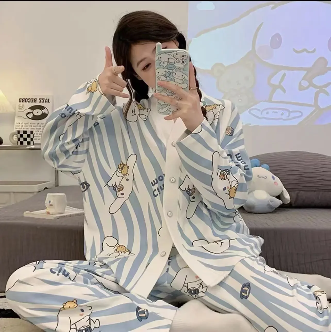 

Cinnamoroll Pochacco Girls Pajamas Suit Anime Sanrioed Autumn Homewear Woman Cotton Long Sleeves Pants Loose Loungewear Suit