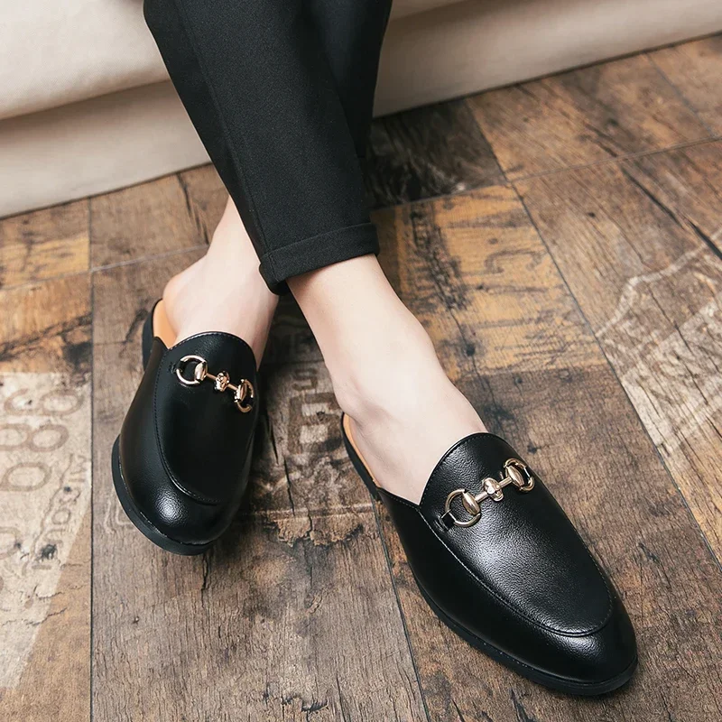 Demi-chaussures d\'été pour hommes, mocassins noirs, pantoufles en cuir verni, chaussures de conduite décontractées, sandales plates légères, grande