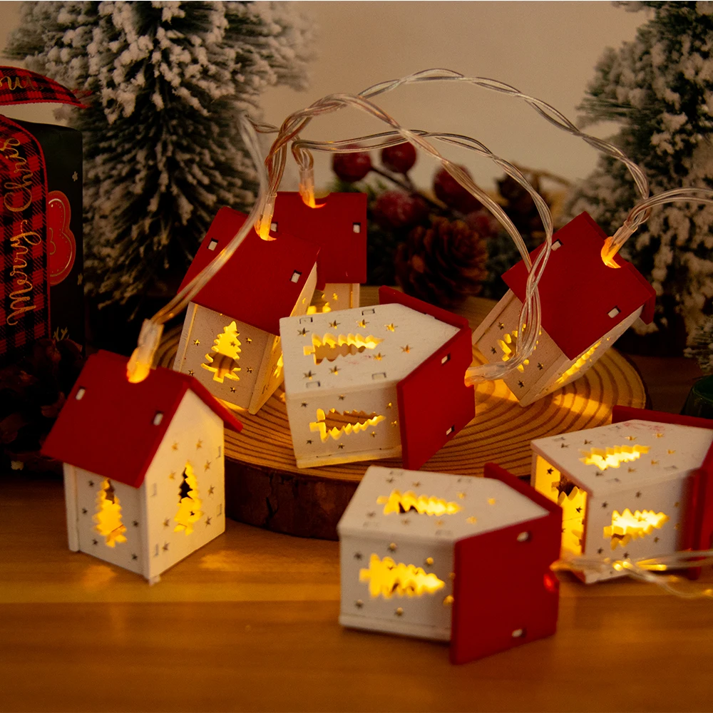 Cute Christmas Wooden House Shaped String Lights Wood House LED Fairy Lamp Xmas Tree Hanging Lights for Christmas Home Noel 2024