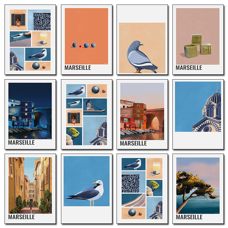 Minimalist Marseille City View Canvas Print Seagull Nature Gabian Wall Art Poster Modern French Travel Living Room Home Decor