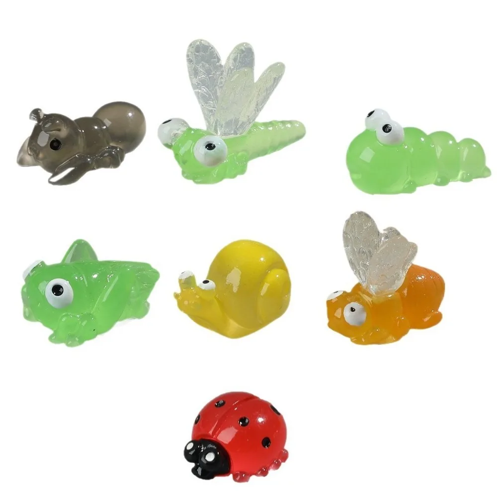 7PCS Creative Cartoon Luminous Insect Ornament Dragonfly Resin Mini Animals Figurines Snail Insect Landscape Ornament Terrarium