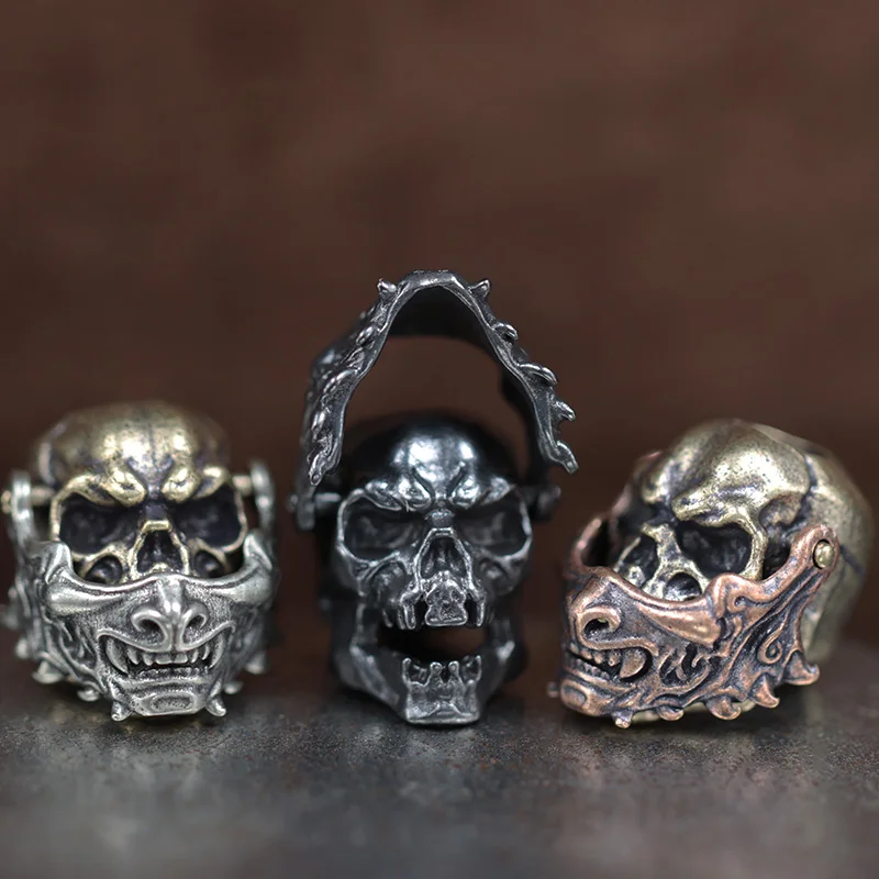Openable Japenese Samurai Mask Skull Head Brass Knife Bead Outdoor EDC DIY Paracord Woven Lanyard Pendant Accessories Punk Charm