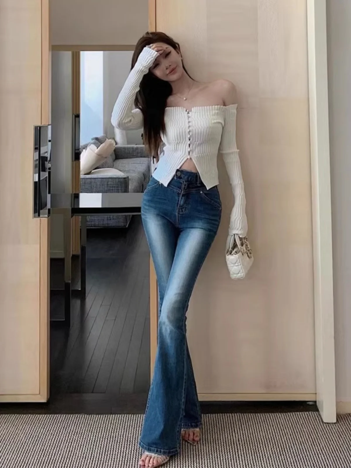 

High Waist Slimming Jeans Women's Blue Cotton Stretch Denim Bootcut Pants Lengthened Leg a High Waist Bell Bot