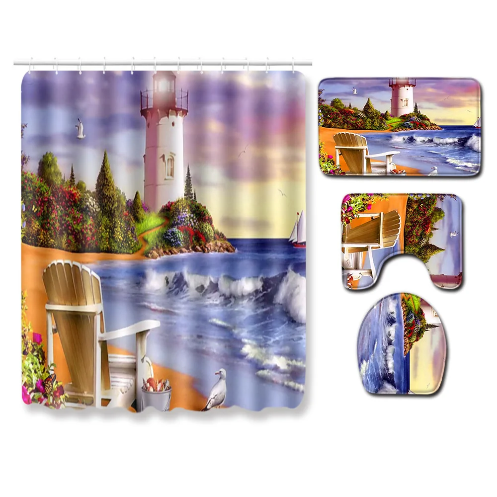 

Beach Leisure Vacation Landscape Shower Curtain Set non-slip Carpet U-shaped Toilet Seat mat Shower Curtain Bathroom Decoration