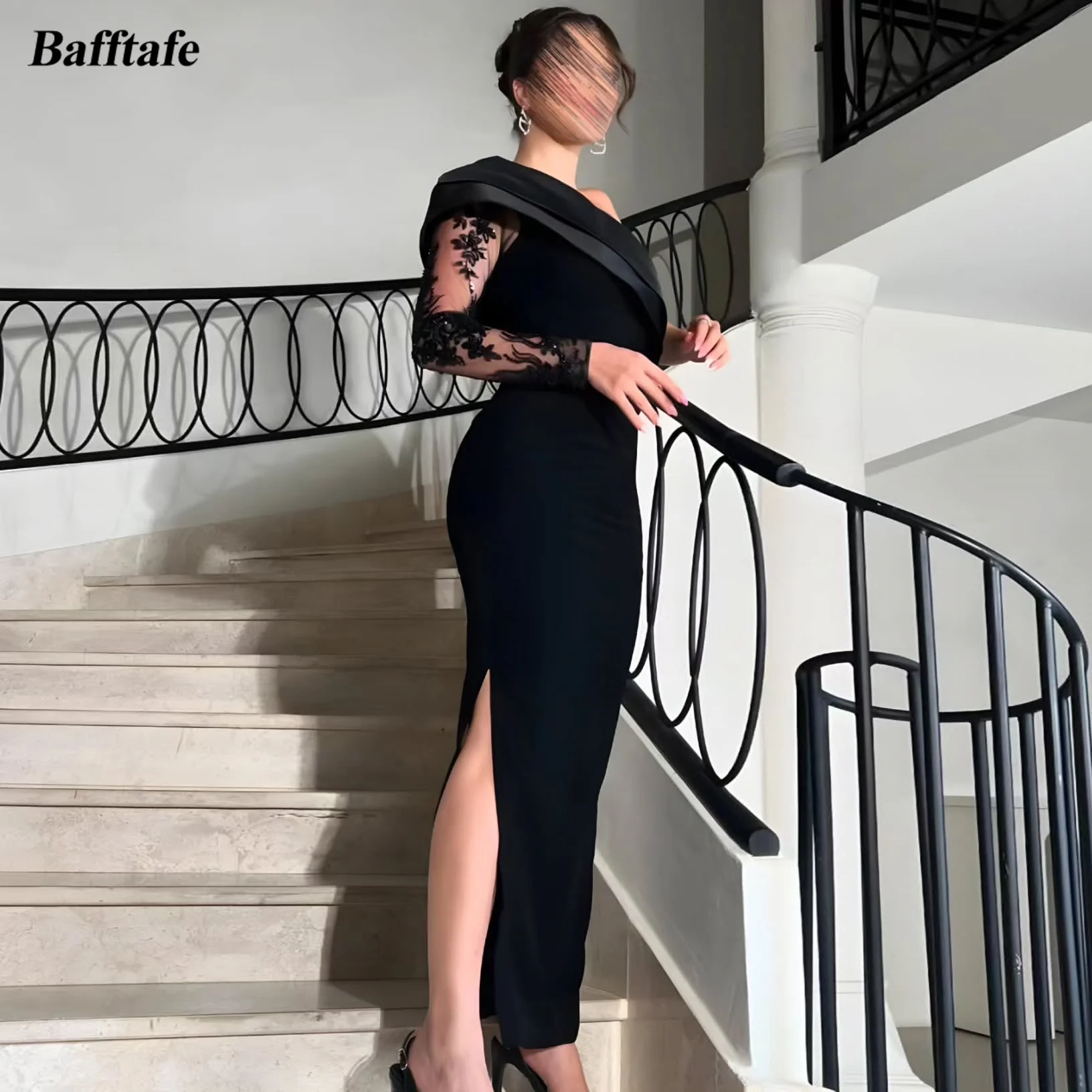 

Bafftafe Mermaid Black Customized Evening Dresses One Shoulder Lace Long Sleeves Women's Formal Prom Gowns Arabic Party Dress