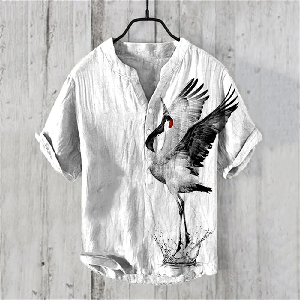Men's Short-Sleeved POLO Shirt Imitation Linen POLO Shirt Printed Chinese Retro Crane Ukiyo-E Painted Hawaiian Casual Clothing