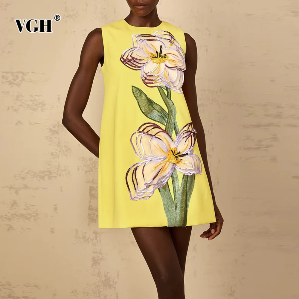 

VGH Elegant Spliced Appliques Slimming Dresses For Women Round Neck Sleeveless High Waist Designer Dress Female Fashion Style