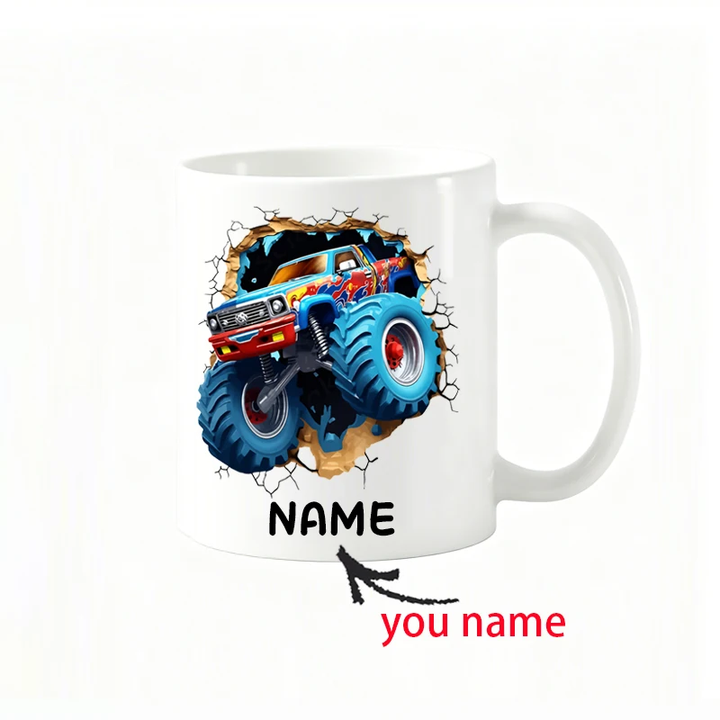 Customized name coffee mugs, mugs with a monster truck design and a broken-down wall – a perfect birthday gift for car enthusias