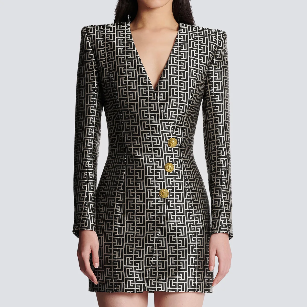 2024 Fashion Womens Blazer Dress Jacket Deep V Neck Jacquard Fabric Three Buttons Long Sleeve Waisted Bodycon Mini Blazer Dress