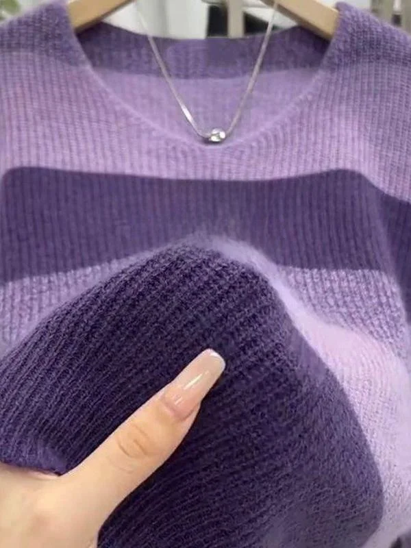 Chic Lazy Style Women's Knitted Top Purple Stripes V-Neck Long Sleeve Soft Medium Gauge Elastic Regular Fit Autumn Fashion