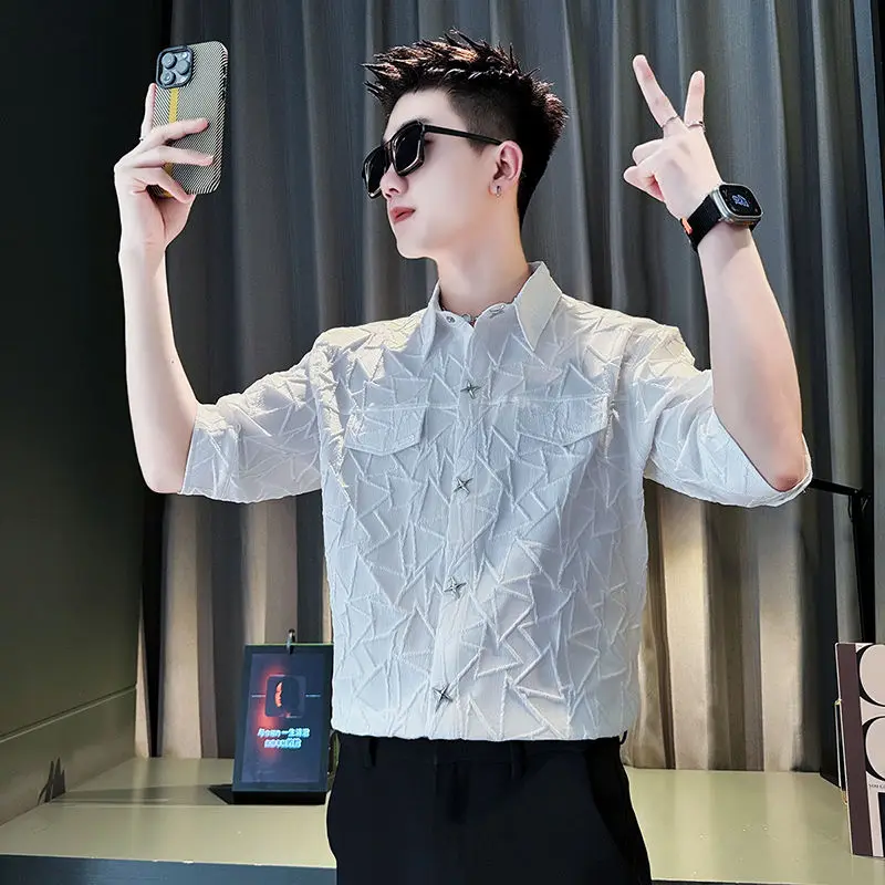 

Plain Men's Shirt Short Sleeve White Male Shirts New in Slim Fit with Collar High Quality Luxury Aesthetic Fashion 2025 Elegant