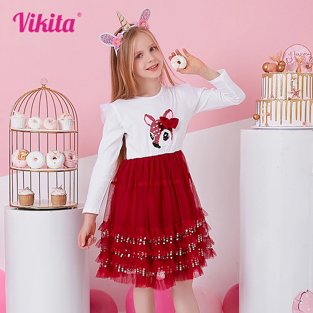 VIKITA Girls Christmas Dress New Year Clothes Kids Princess Tutu Dress Birthday Party Vestidos Children Elk Sequins Red Dresses