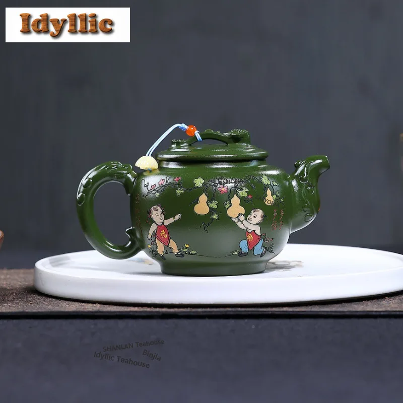 HOYIHM 280ml Ancient Yixing Purple Clay Teapots Handmade Hundred Children Pot Raw Ore Blackish Green Mud Kettle Zisha Tea Set