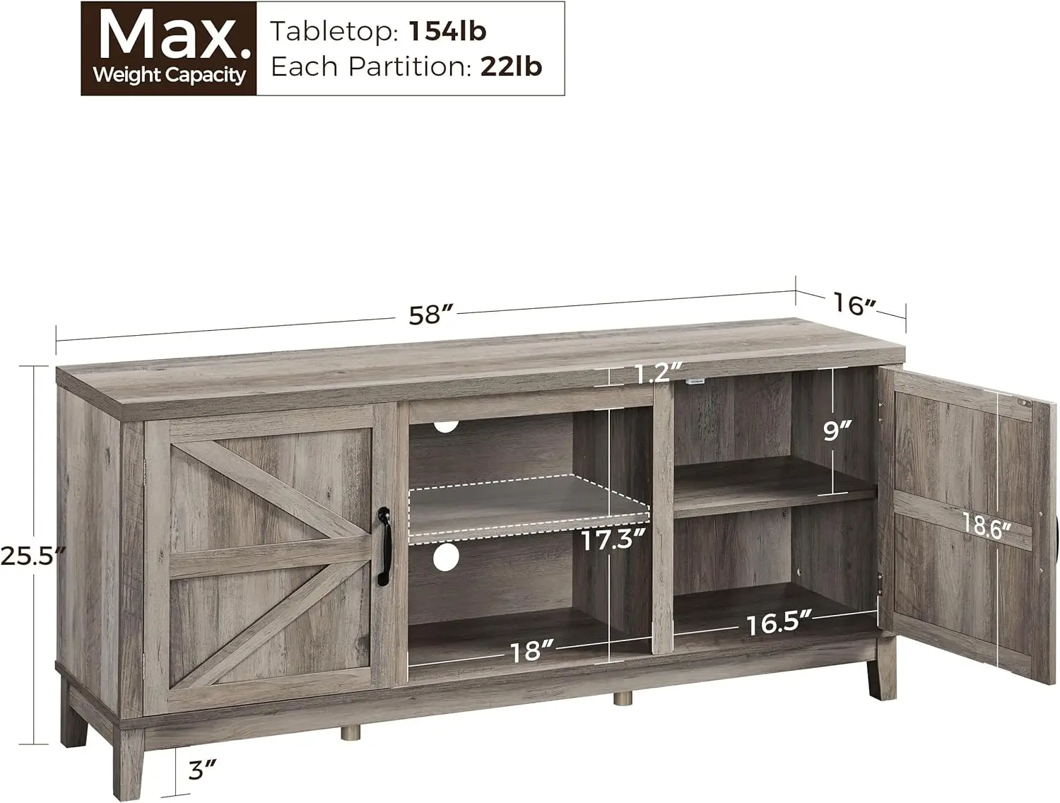 Farmhouse TV Stand para sala de estar, centro de entretenimento com portas duplas, cinza, 65 polegadas